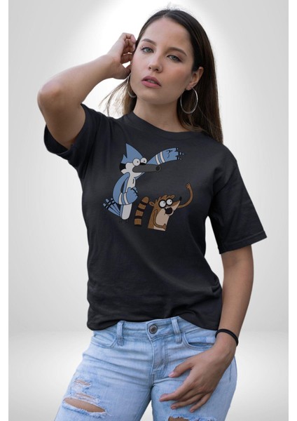 Mordecai ve Rigby Kadın Erkek Unisex Siyah Organik Baskılı T-Shirt Penye Yüksek Kalite