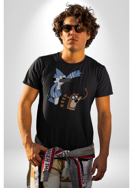 Mordecai ve Rigby Kadın Erkek Unisex Siyah Organik Baskılı T-Shirt Penye Yüksek Kalite