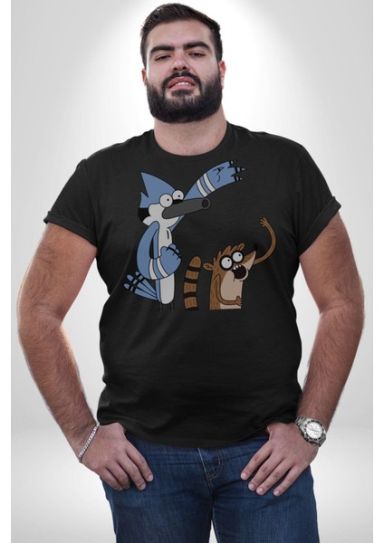 Mordecai ve Rigby Kadın Erkek Unisex Siyah Organik Baskılı T-Shirt Penye Yüksek Kalite