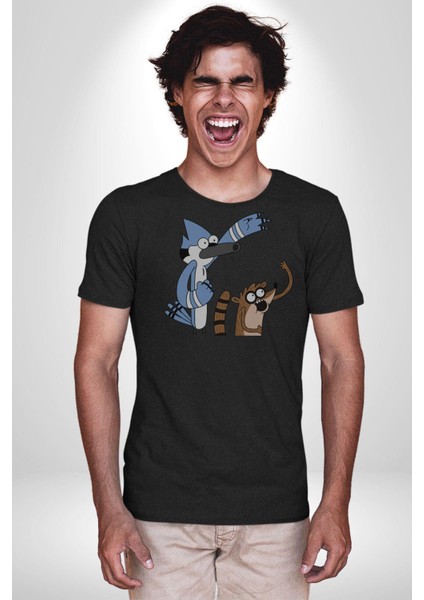 Mordecai ve Rigby Kadın Erkek Unisex Siyah Organik Baskılı T-Shirt Penye Yüksek Kalite