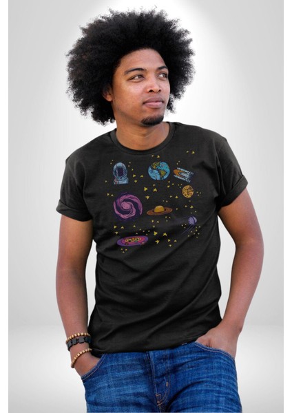 Uzay Figürleri Mars Ay Dünya Kadın Erkek Unisex Siyah Organik Baskılı T-Shirt Penye Yüksek Kalite fiyatları
