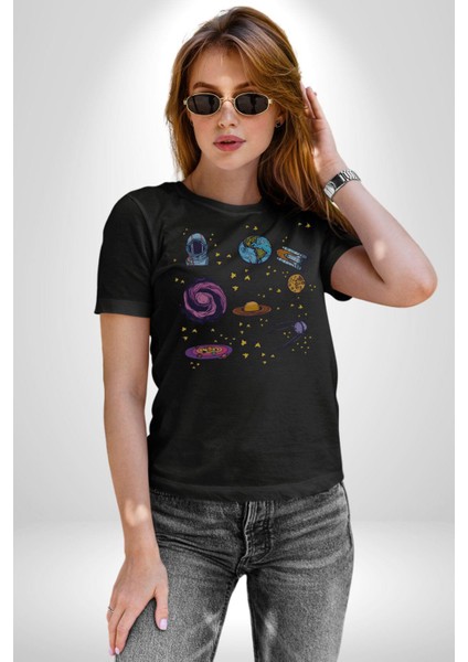 Uzay Figürleri Mars Ay Dünya Kadın Erkek Unisex Siyah Organik Baskılı T-Shirt Penye Yüksek Kalite modelleri