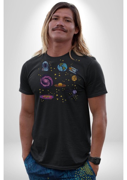 Uzay Figürleri Mars Ay Dünya Kadın Erkek Unisex Siyah Organik Baskılı T-Shirt Penye Yüksek Kalite fırsatları