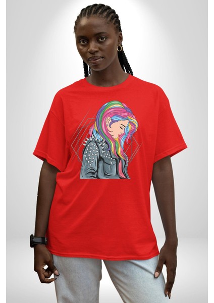 Metal Müzik Çeket Pamuklu Bisiklet Yaka Kadın Erkek Oversize Boyfriend Dijital Baskılı Kırmızı T-Shirt fırsatları