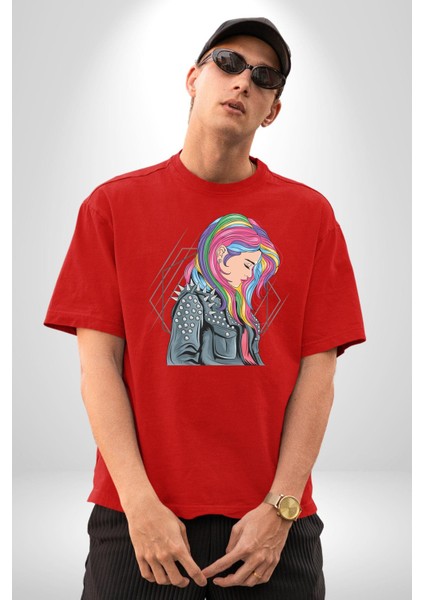 Metal Müzik Çeket Pamuklu Bisiklet Yaka Kadın Erkek Oversize Boyfriend Dijital Baskılı Kırmızı T-Shirt indirimleri