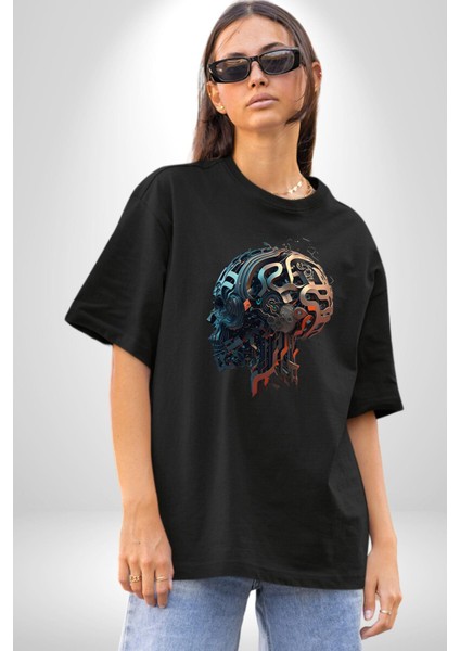 Robot Kafası Kız Pamuklu Bisiklet Yaka Kadın Erkek Oversize Boyfriend Dijital Baskılı Siyah T-Shirt