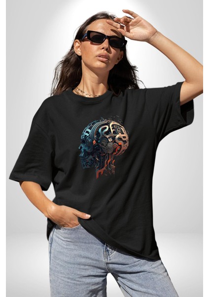 Robot Kafası Kız Pamuklu Bisiklet Yaka Kadın Erkek Oversize Boyfriend Dijital Baskılı Siyah T-Shirt