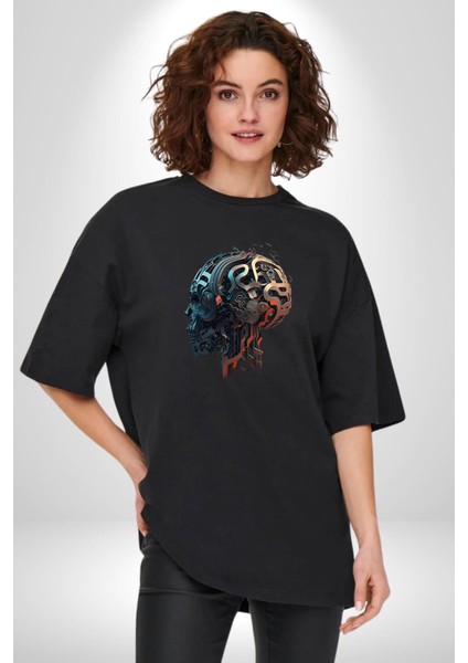 Robot Kafası Kız Pamuklu Bisiklet Yaka Kadın Erkek Oversize Boyfriend Dijital Baskılı Siyah T-Shirt