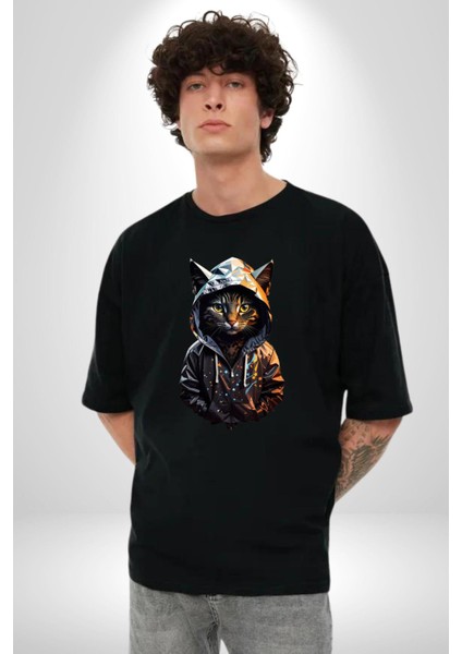 Hip Hop Gençlik Kedi Çeket Pamuklu Bisiklet Yaka Kadın Erkek Oversize Boyfriend Dijital Baskılı Siyah T-Shirt