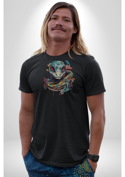 Yapay Zeka Sanal Yılan Kadın Erkek Unisex Siyah Organik Baskılı T-Shirt Penye Yüksek Kalite fırsatları