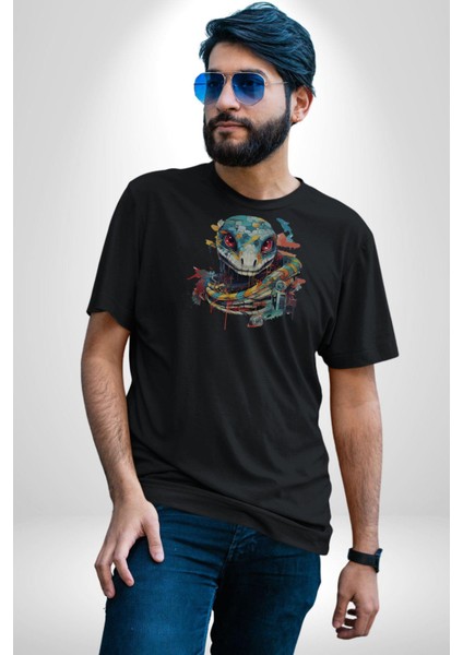 Yapay Zeka Sanal Yılan Kadın Erkek Unisex Siyah Organik Baskılı T-Shirt Penye Yüksek Kalite indirimleri