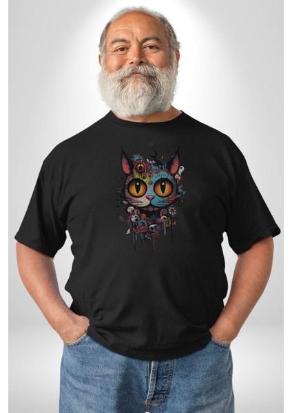 Meksikalı Alebrije Kedi Fütüristik Kedi Kadın Erkek Unisex Siyah Organik Baskılı T-Shirt Penye Yüksek Kalite modelleri