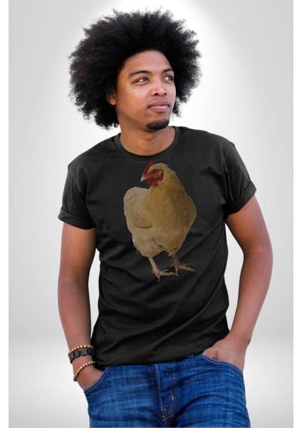 Tavuk Kadın Erkek Unisex Siyah Organik Baskılı T-Shirt Penye Yüksek Kalite