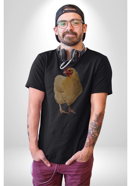 Tavuk Kadın Erkek Unisex Siyah Organik Baskılı T-Shirt Penye Yüksek Kalite