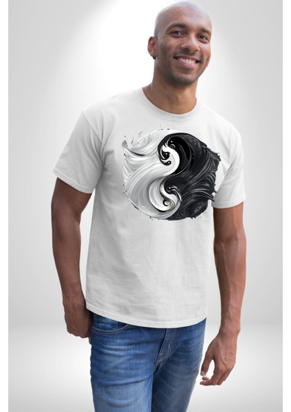 Siyah Beyaz Ying Yang Kadın Erkek Unisex Beyaz Organik Baskılı T-Shirt Penye Yüksek Kalite