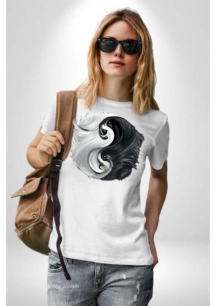 Siyah Beyaz Ying Yang Kadın Erkek Unisex Beyaz Organik Baskılı T-Shirt Penye Yüksek Kalite fiyatları