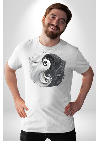 Siyah Beyaz Ying Yang Kadın Erkek Unisex Beyaz Organik Baskılı T-Shirt Penye Yüksek Kalite modelleri