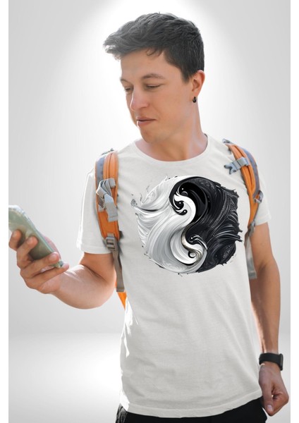 Siyah Beyaz Ying Yang Kadın Erkek Unisex Beyaz Organik Baskılı T-Shirt Penye Yüksek Kalite fırsatları