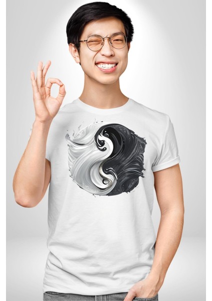 Siyah Beyaz Ying Yang Kadın Erkek Unisex Beyaz Organik Baskılı T-Shirt Penye Yüksek Kalite indirimleri