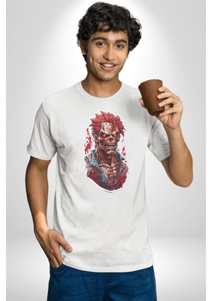 Zombi Kırmızı The Walking Dead Kadın Erkek Unisex Beyaz Organik Baskılı T-Shirt Penye Yüksek Kalite