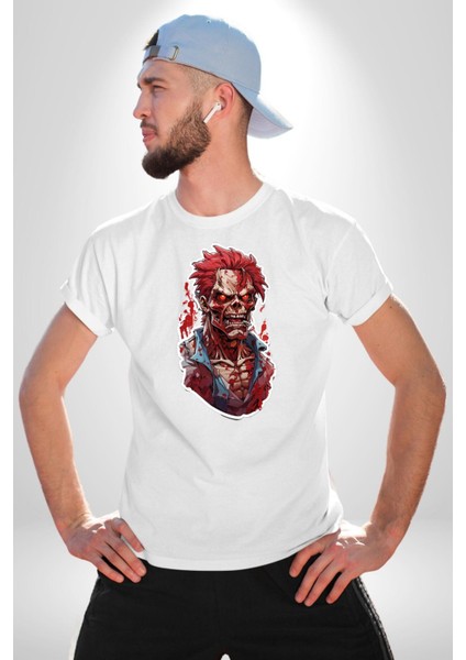 Zombi Kırmızı The Walking Dead Kadın Erkek Unisex Beyaz Organik Baskılı T-Shirt Penye Yüksek Kalite indirimleri