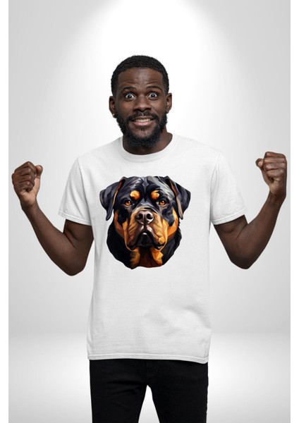 Rottweiler Kafası Kadın Erkek Unisex Beyaz Organik Baskılı T-Shirt Penye Yüksek Kalite fırsatları