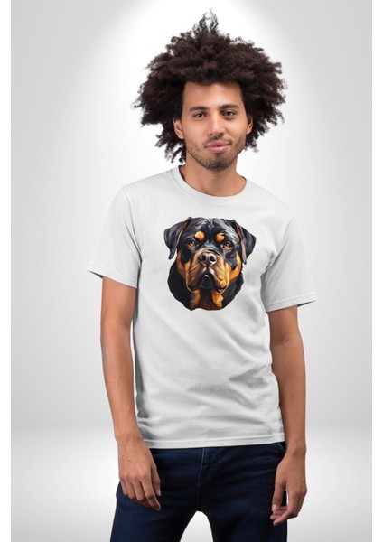 Rottweiler Kafası Kadın Erkek Unisex Beyaz Organik Baskılı T-Shirt Penye Yüksek Kalite indirimleri