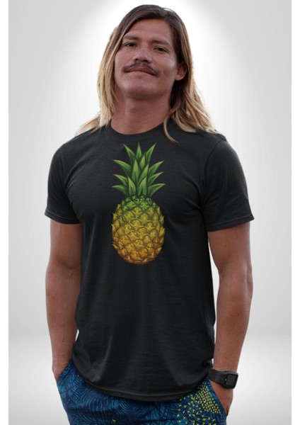 Ananas Meyve Kadın Erkek Unisex Siyah Organik Baskılı T-Shirt Penye Yüksek Kalite fırsatları