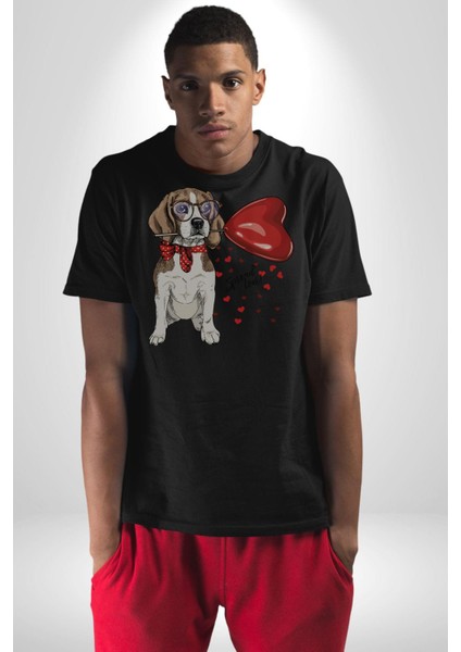 Poodle ve Beagle Sevililer Günü Hediyesi Kadın Erkek Unisex Siyah Organik Baskılı T-Shirt Penye Yüksek Kalite