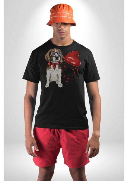 Poodle ve Beagle Sevililer Günü Hediyesi Kadın Erkek Unisex Siyah Organik Baskılı T-Shirt Penye Yüksek Kalite modelleri