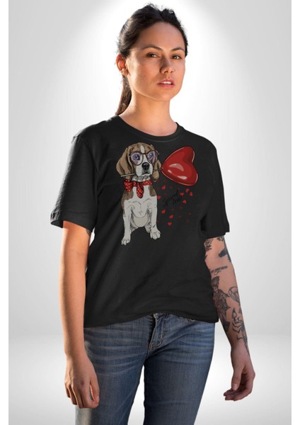 Poodle ve Beagle Sevililer Günü Hediyesi Kadın Erkek Unisex Siyah Organik Baskılı T-Shirt Penye Yüksek Kalite fırsatları