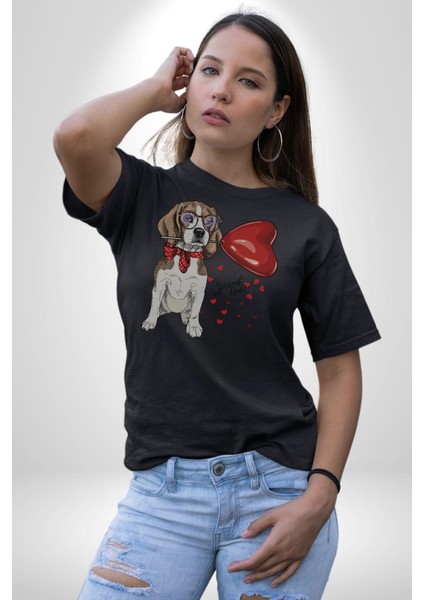 Poodle ve Beagle Sevililer Günü Hediyesi Kadın Erkek Unisex Siyah Organik Baskılı T-Shirt Penye Yüksek Kalite indirimleri