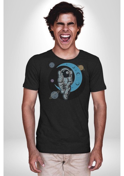 Astronot Uzayda Sıkılmış Kadın Erkek Unisex Siyah Organik Baskılı T-Shirt Penye Yüksek Kalite