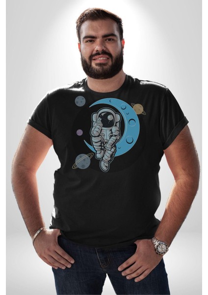 Astronot Uzayda Sıkılmış Kadın Erkek Unisex Siyah Organik Baskılı T-Shirt Penye Yüksek Kalite fiyatları