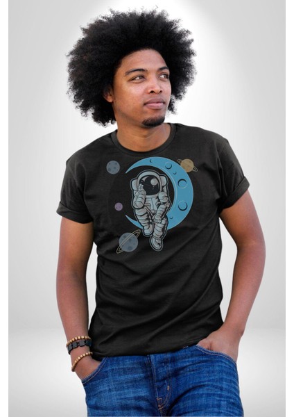 Astronot Uzayda Sıkılmış Kadın Erkek Unisex Siyah Organik Baskılı T-Shirt Penye Yüksek Kalite fırsatları