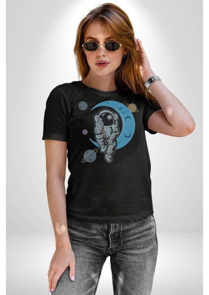 Astronot Uzayda Sıkılmış Kadın Erkek Unisex Siyah Organik Baskılı T-Shirt Penye Yüksek Kalite indirimleri
