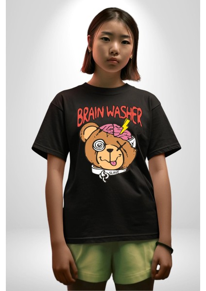 Beyin Yıkama Pamuklu Bisiklet Yaka Kadın Erkek Oversize Boyfriend Dijital Baskılı Siyah T-Shirt fiyatları