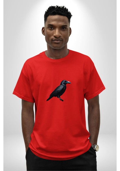 Siyah Karga Pamuklu Bisiklet Yaka Kadın Erkek Oversize Boyfriend Dijital Baskılı Kırmızı T-Shirt