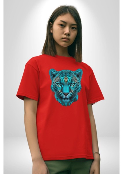 Yeşil Leopar Kafası Pamuklu Bisiklet Yaka Kadın Erkek Oversize Boyfriend Dijital Baskılı Kırmızı T-Shirt