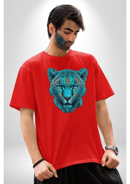 Yeşil Leopar Kafası Pamuklu Bisiklet Yaka Kadın Erkek Oversize Boyfriend Dijital Baskılı Kırmızı T-Shirt