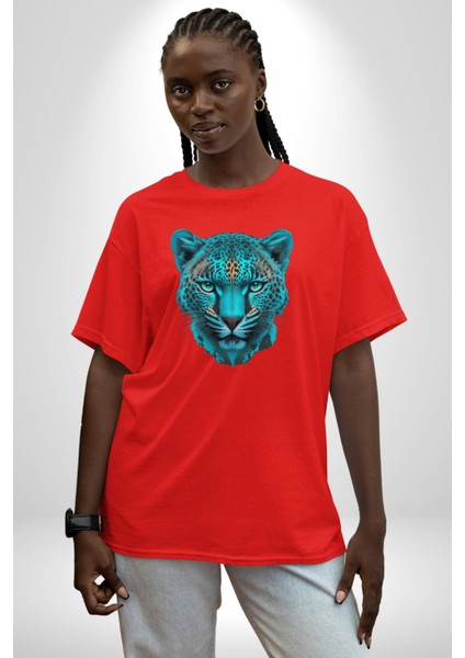 Yeşil Leopar Kafası Pamuklu Bisiklet Yaka Kadın Erkek Oversize Boyfriend Dijital Baskılı Kırmızı T-Shirt