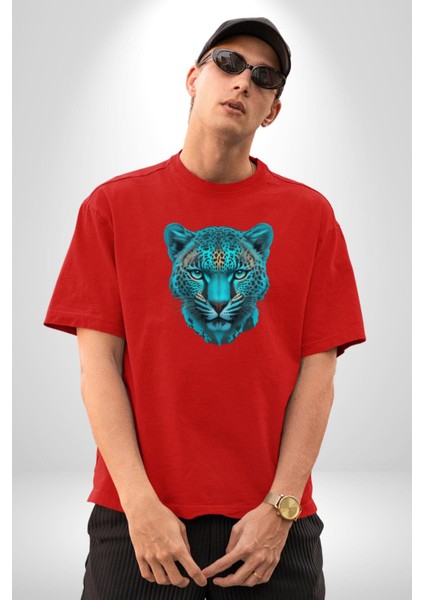 Yeşil Leopar Kafası Pamuklu Bisiklet Yaka Kadın Erkek Oversize Boyfriend Dijital Baskılı Kırmızı T-Shirt