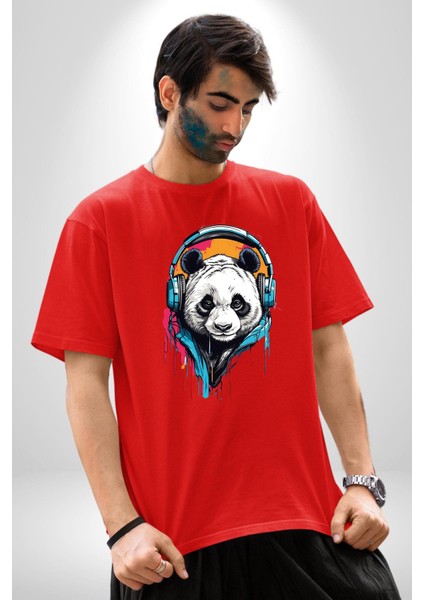 Kulaklık Ayı Panda Pamuklu Bisiklet Yaka Kadın Erkek Oversize Boyfriend Dijital Baskılı Kırmızı T-Shirt