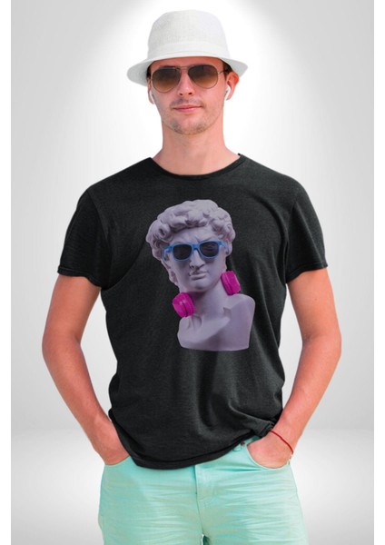 Kulaklık Gözlük Pop Art Heykel Kadın Erkek Unisex Siyah Organik Baskılı T-Shirt Penye Yüksek Kalite
