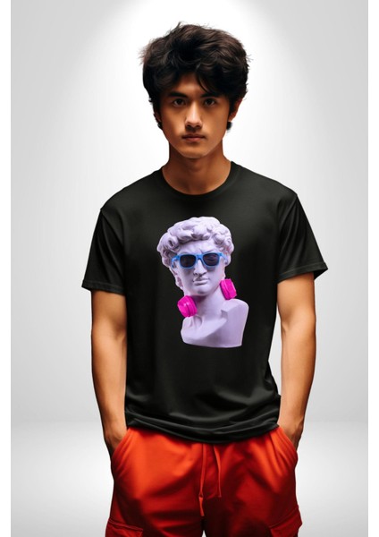 Kulaklık Gözlük Pop Art Heykel Kadın Erkek Unisex Siyah Organik Baskılı T-Shirt Penye Yüksek Kalite modelleri