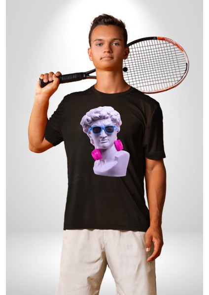 Kulaklık Gözlük Pop Art Heykel Kadın Erkek Unisex Siyah Organik Baskılı T-Shirt Penye Yüksek Kalite fırsatları