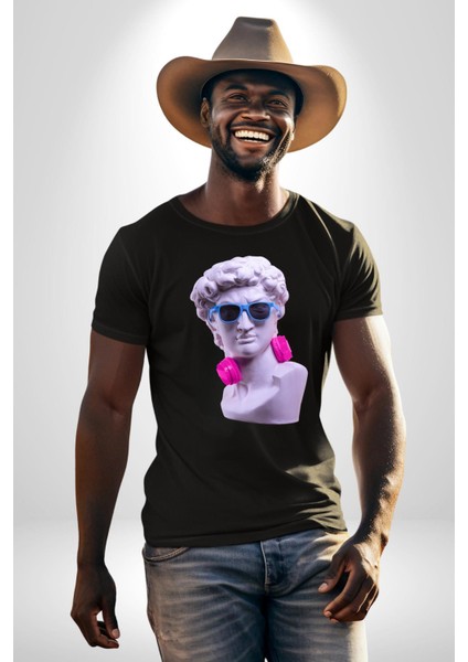 Kulaklık Gözlük Pop Art Heykel Kadın Erkek Unisex Siyah Organik Baskılı T-Shirt Penye Yüksek Kalite indirimleri