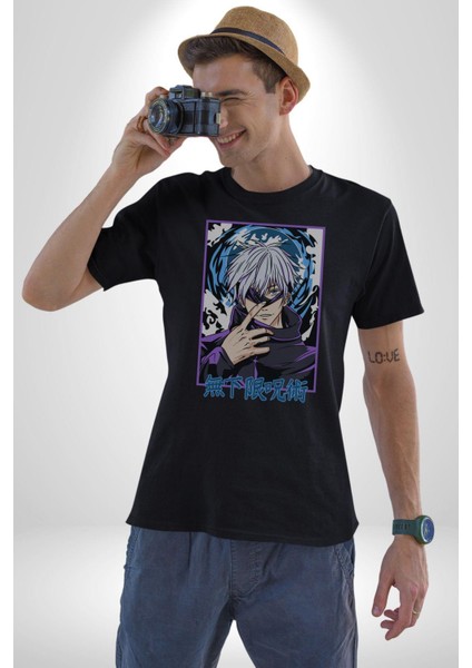 Jujutsu Vintage Washed - Megumi Gojo Anime Manga Kadın Erkek Unisex Siyah Organik Baskılı T-Shirt Penye Yüksek Kalite