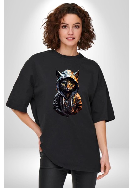 Hip Hop Gençlik Kedi Çeket Pamuklu Bisiklet Yaka Kadın Erkek Oversize Boyfriend Dijital Baskılı Siyah T-Shirt fiyatları