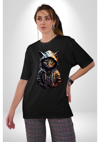Hip Hop Gençlik Kedi Çeket Pamuklu Bisiklet Yaka Kadın Erkek Oversize Boyfriend Dijital Baskılı Siyah T-Shirt modelleri
